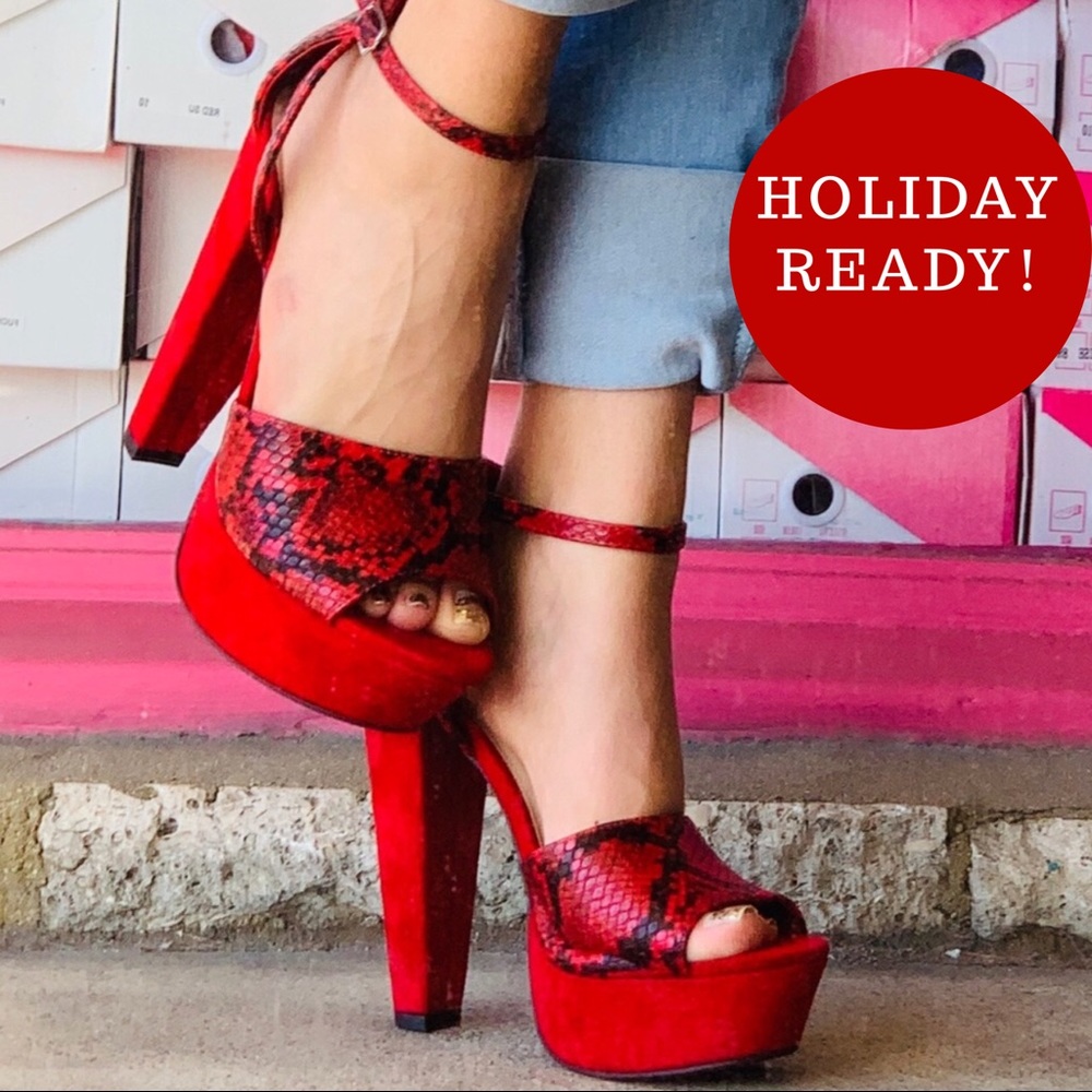 Speed Limit98 Exam Red Snake Ankle Strap Heels 5”
